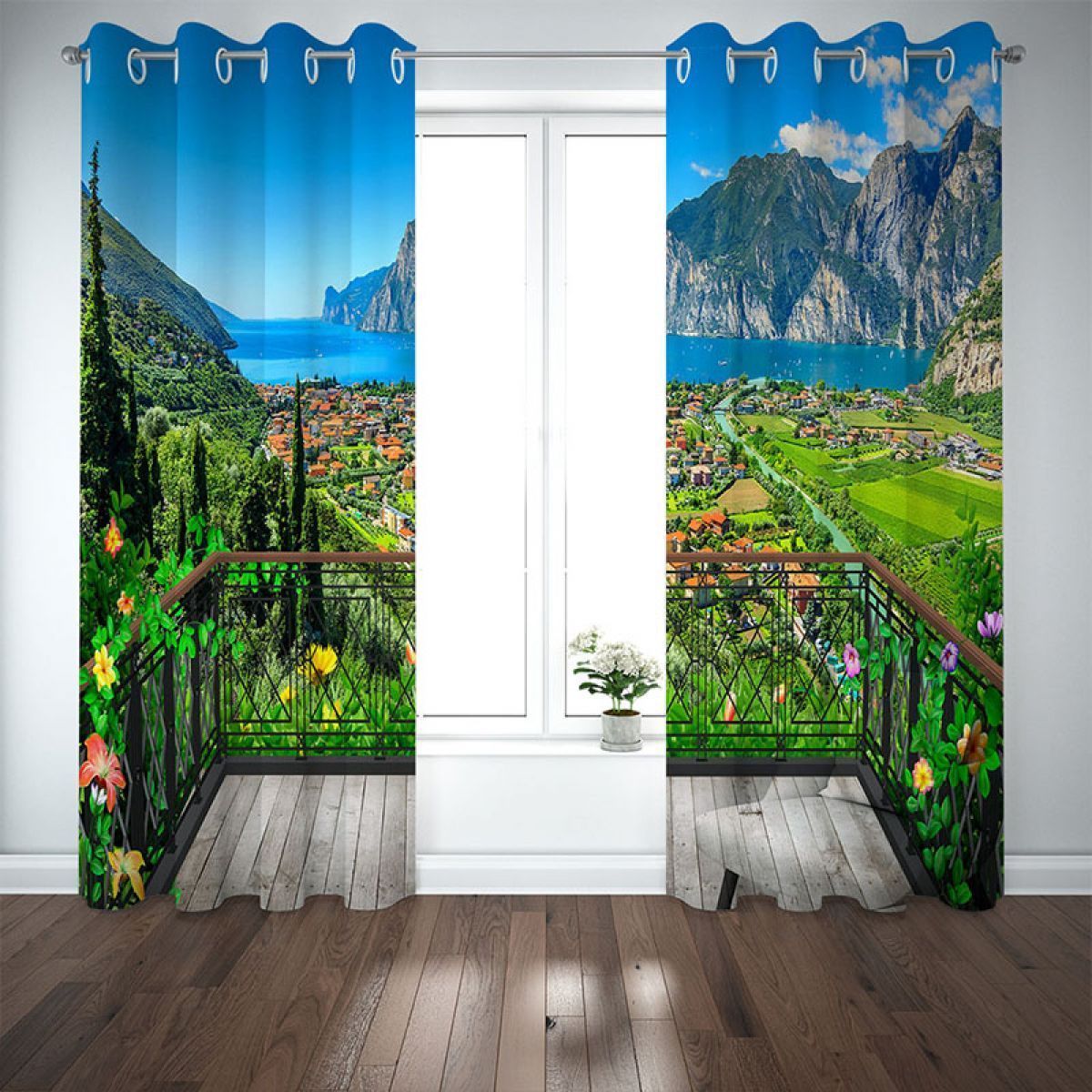 3d balcony to town and sea printed window curtain home decor 1611