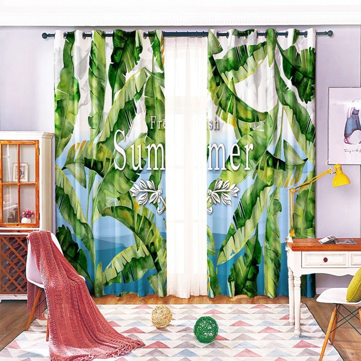 3d banana leaf printed window curtain home decor 5681