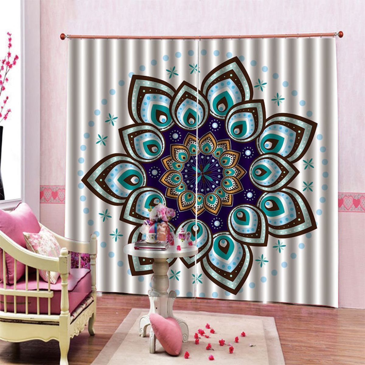 3d blue flower shining printed window curtain home decor 1043
