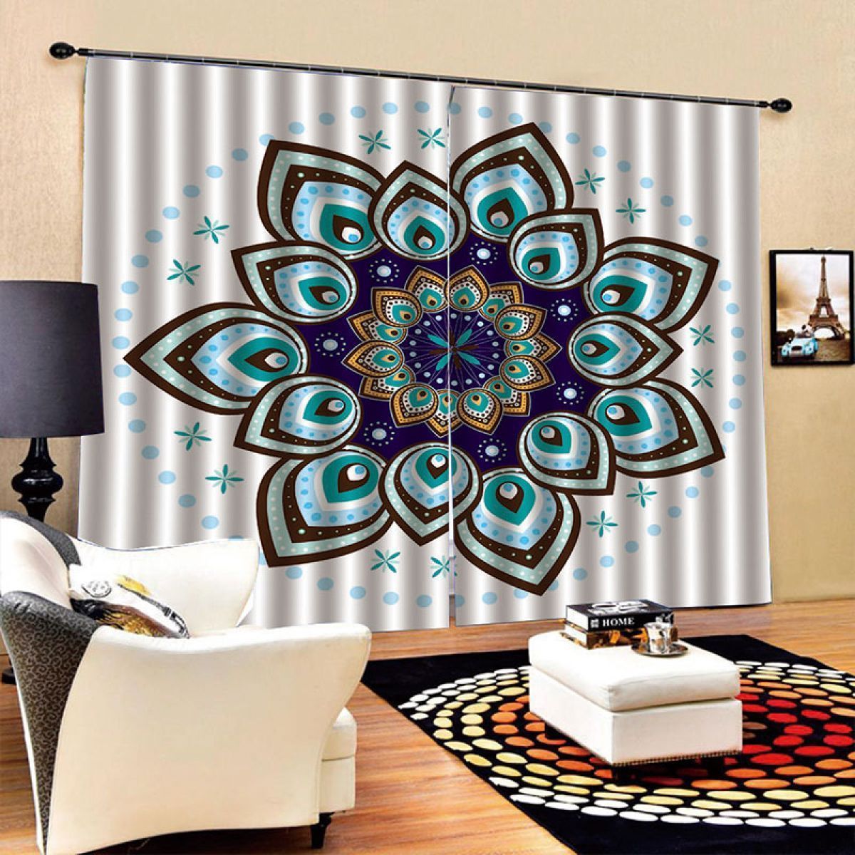 3d blue flower shining printed window curtain home decor 8443