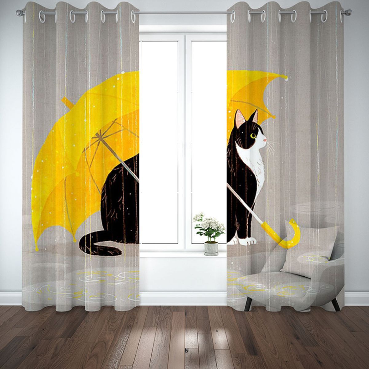 3d cat under the yellow umbrella printed window curtain home decor 4846