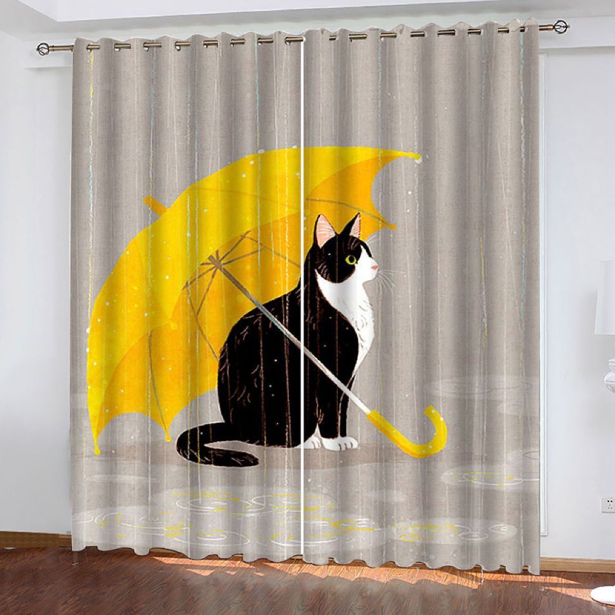 3d cat under the yellow umbrella printed window curtain home decor 6997