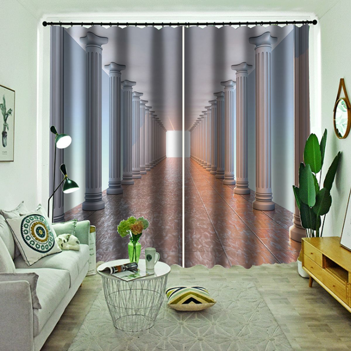 3d corridor with pillars printed window curtain home decor 7816