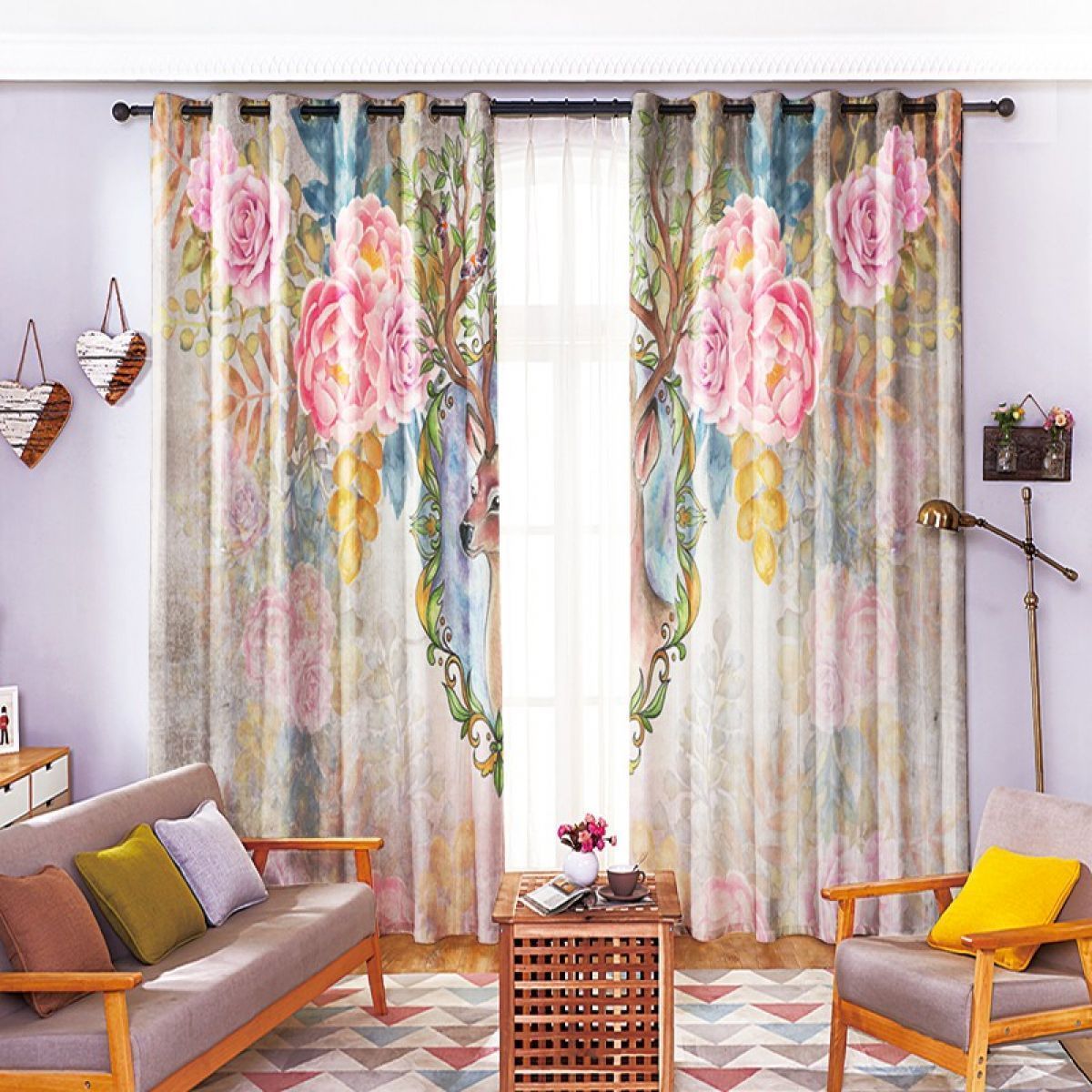 3d deer and pink flower printed window curtain home decor 2870