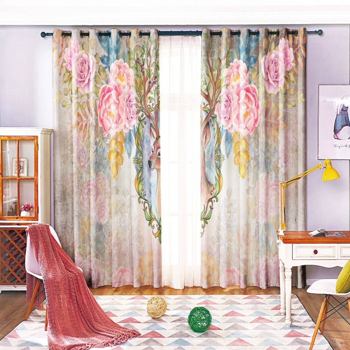 3d deer and pink flower printed window curtain home decor 6755