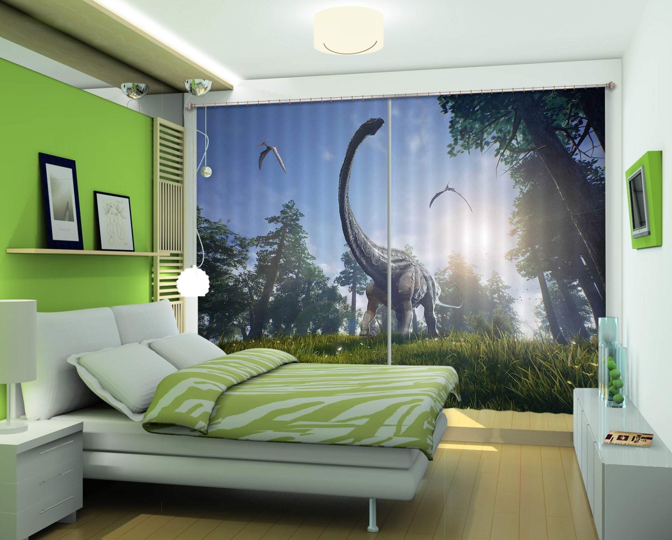 3d dinosaur in the forest blue sky printed window curtain 1066