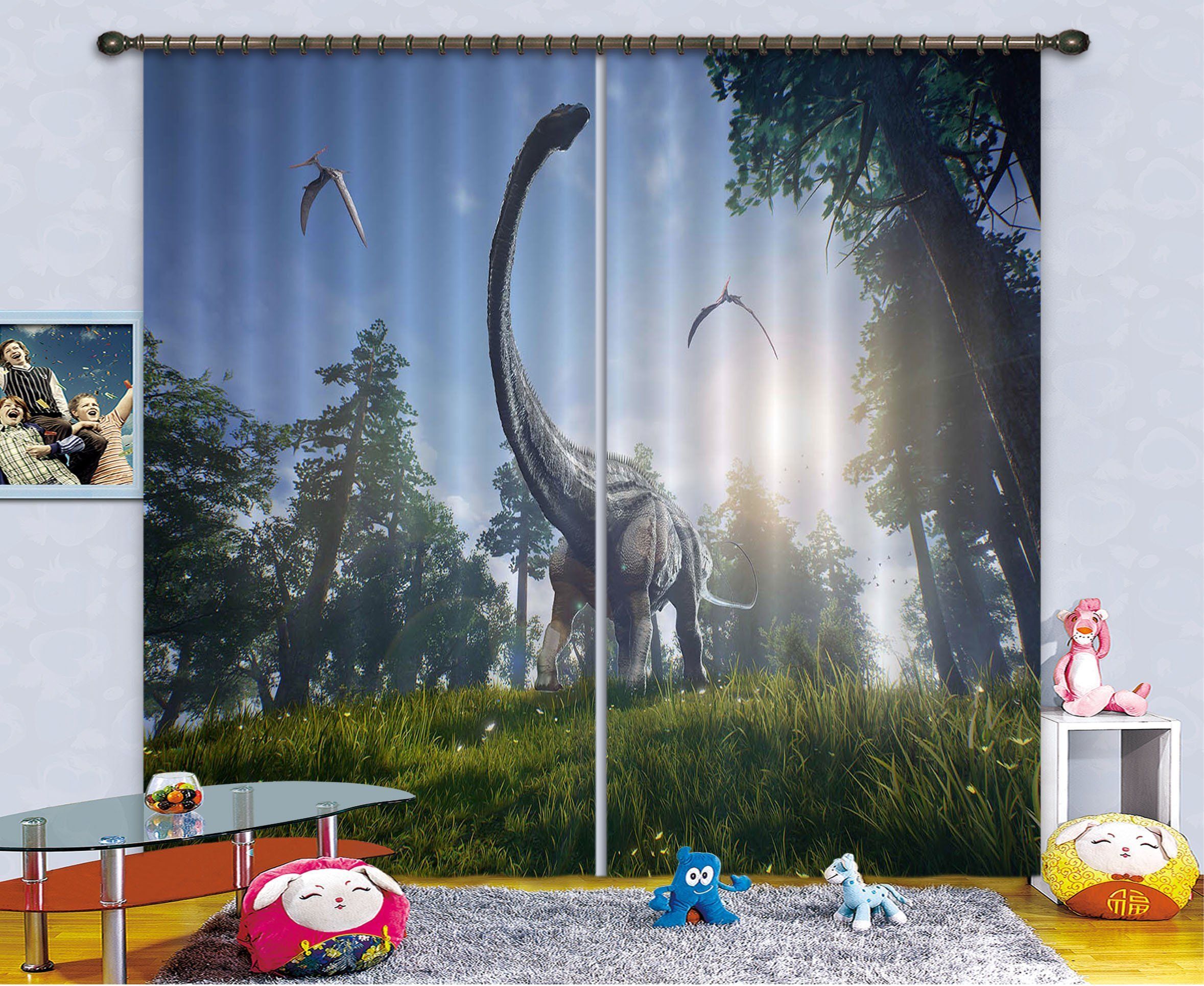 3d dinosaur in the forest blue sky printed window curtain 2852