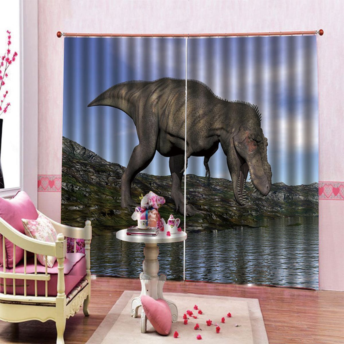 3d dinosaur in the river printed window curtain home decor 7895