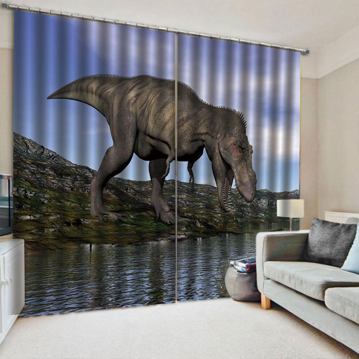 3d dinosaur in the river printed window curtain home decor 8395