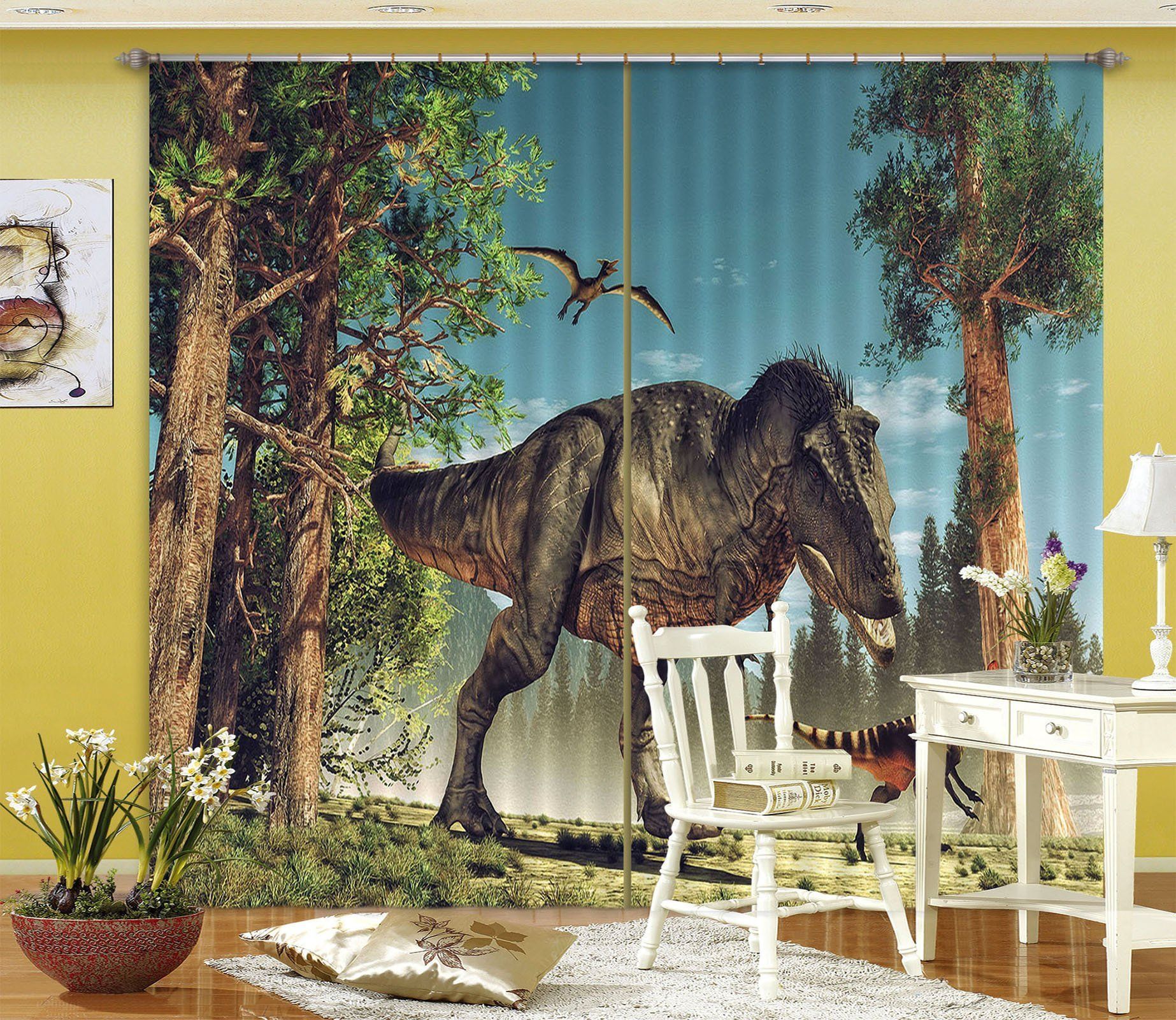 3d dinosaur with trees printed window curtain 6357