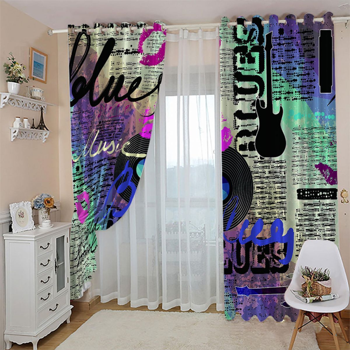 3d disco and guitar printed window curtain home decor 7538