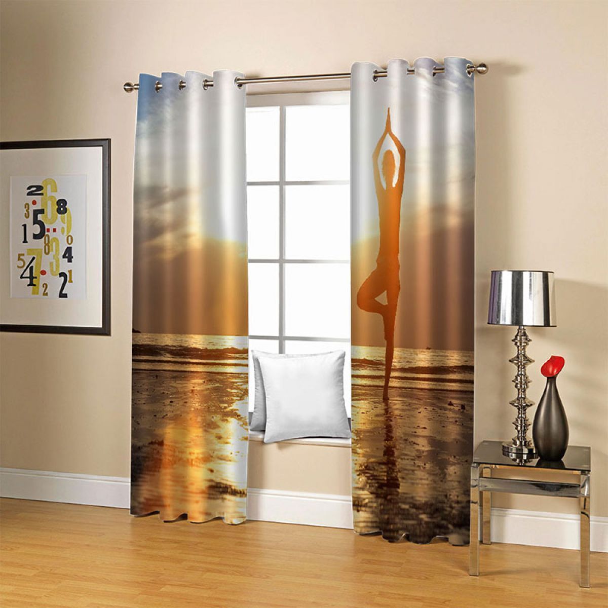 3d doing yoga on the beach at sunrise printed window curtain home decor 8448