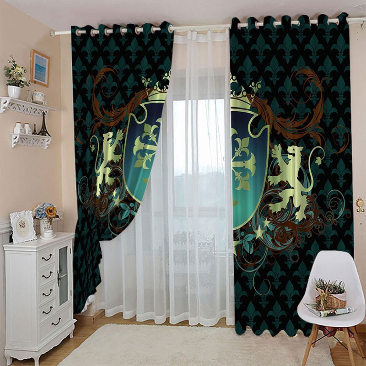 3d double lion crest window curtain home decor 3416