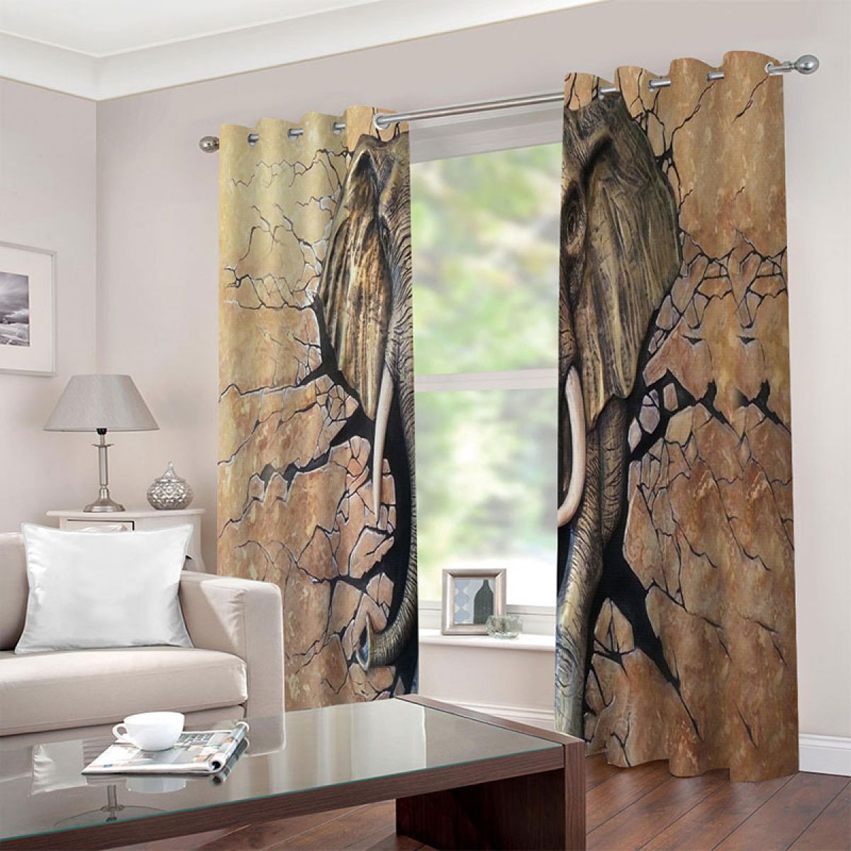 3d elephant break through the wall printed window curtain home decor 7676