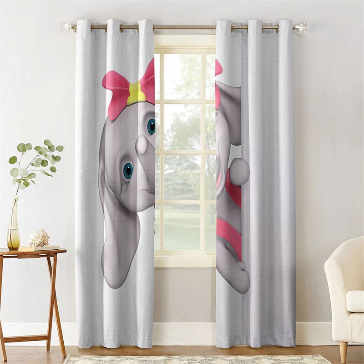 3d elephant with bow printed window curtain home decor 3262