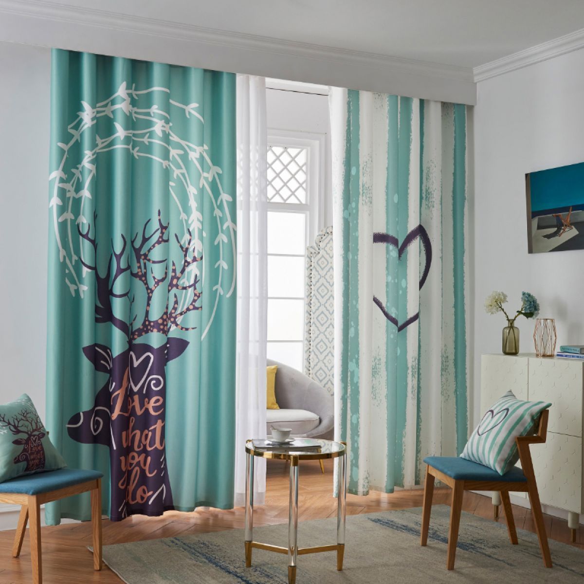 3d elk and heart printed window curtain home decor 1557