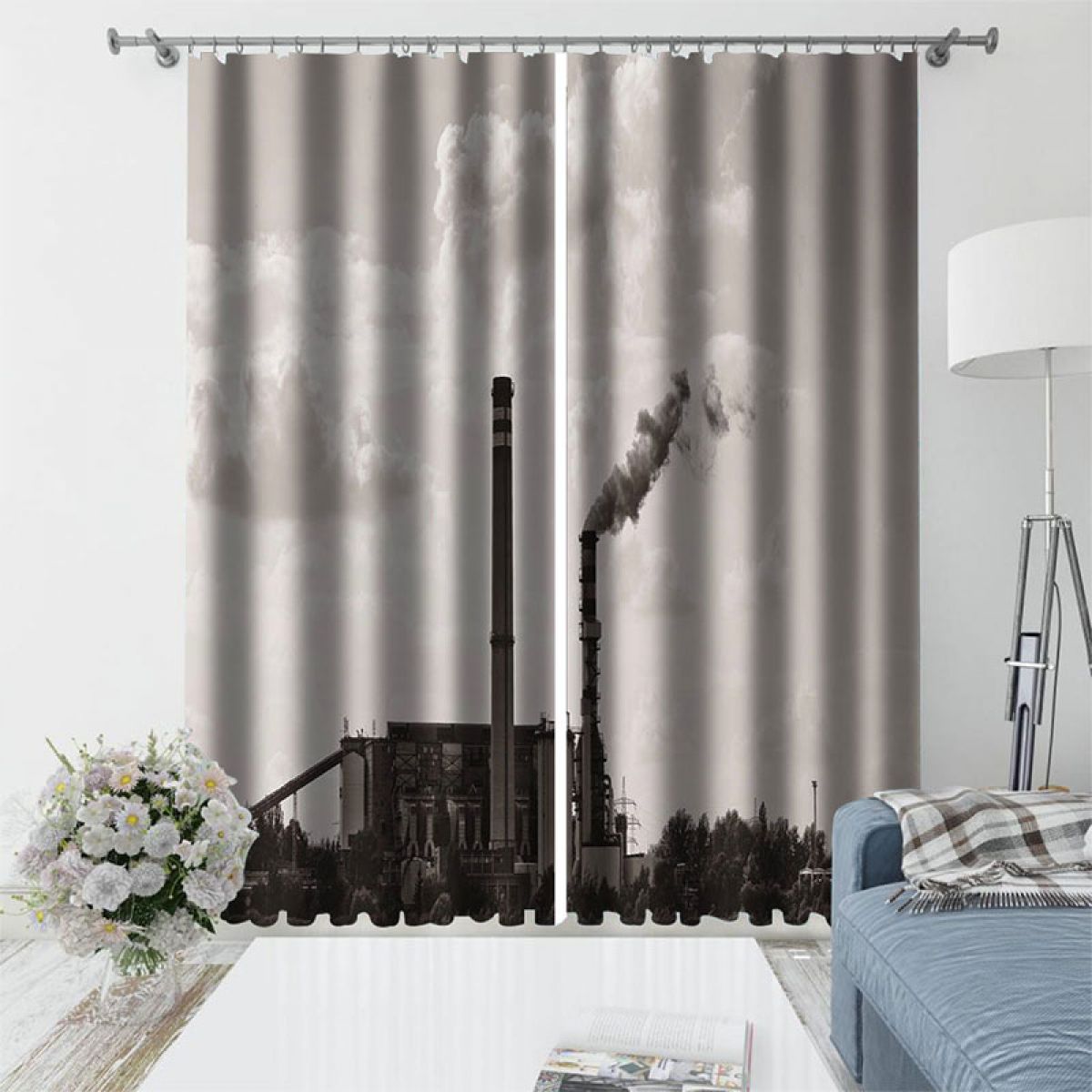 3d factory chimney printed window curtain home decor 6201