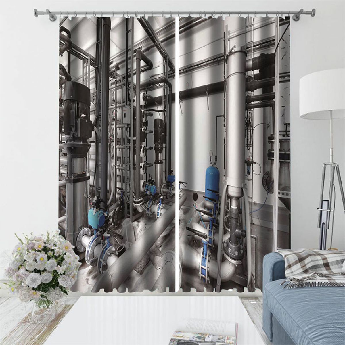 3d factory machine grey printed window curtain home decor 6685