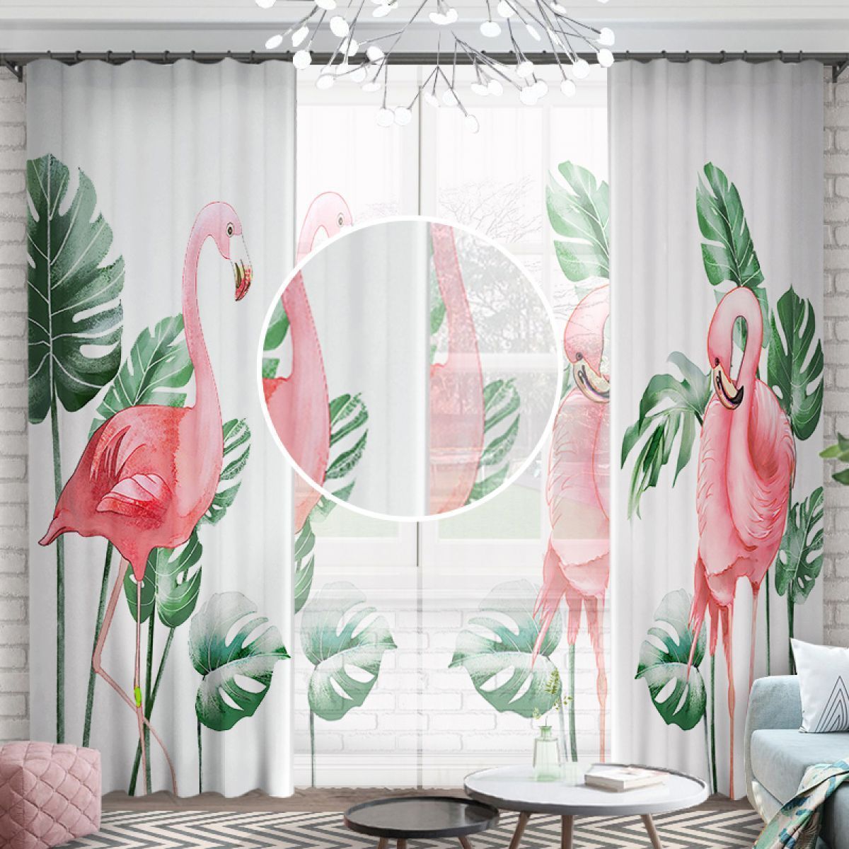 3d flamingo and tropical leaves block printed window curtain home decor 6953