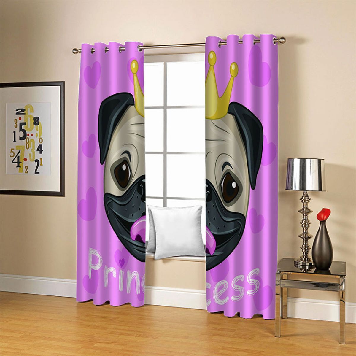 3d funny pug with crown printed window curtain home decor 6047