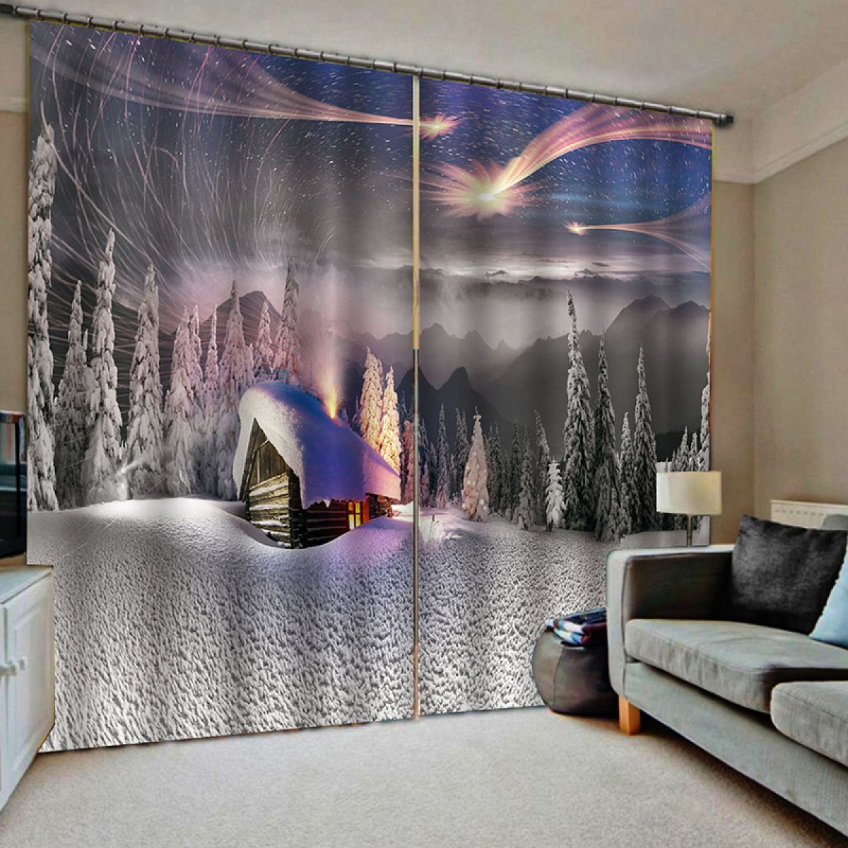 3d house in the snowy forest printed window curtain home decor 5684