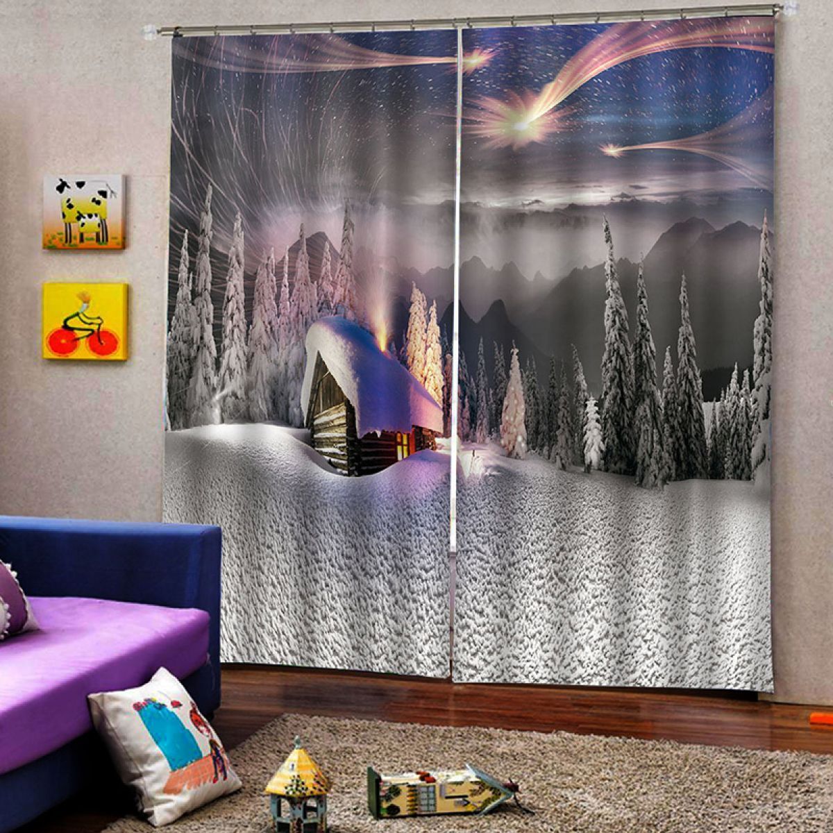 3d house in the snowy forest printed window curtain home decor 6809