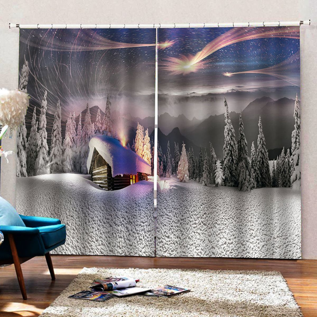 3d house in the snowy forest printed window curtain home decor 8863