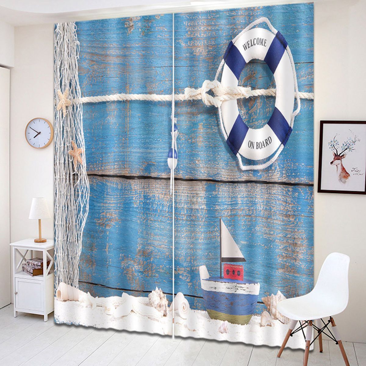 3d hull with net and life buoy printed window curtain home decor 7512