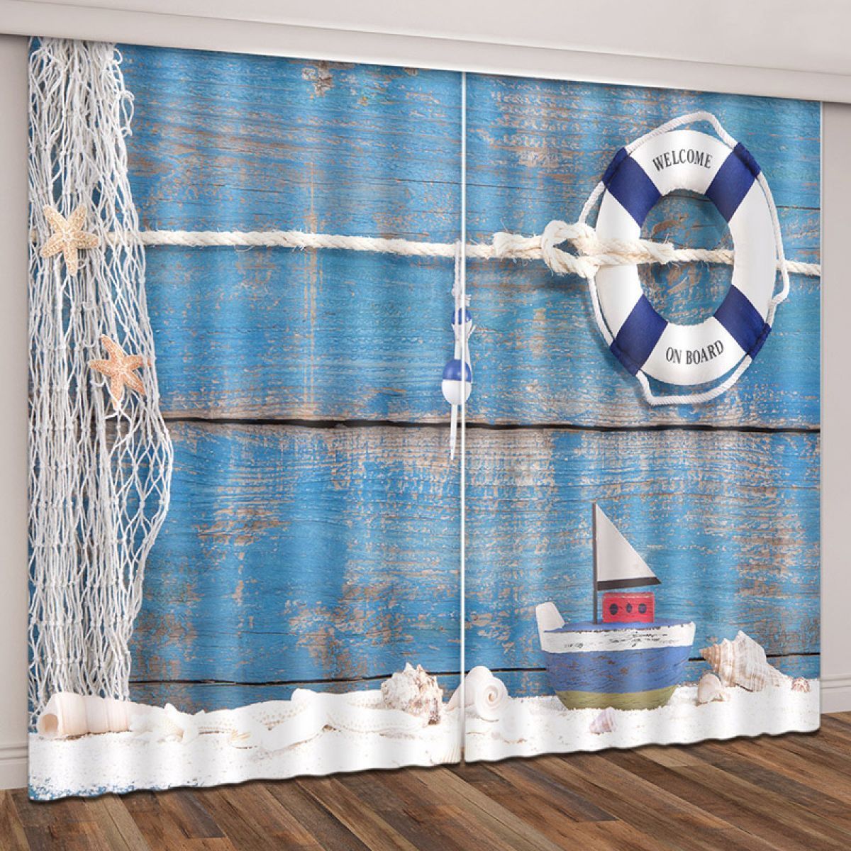 3d hull with net and life buoy printed window curtain home decor 8720