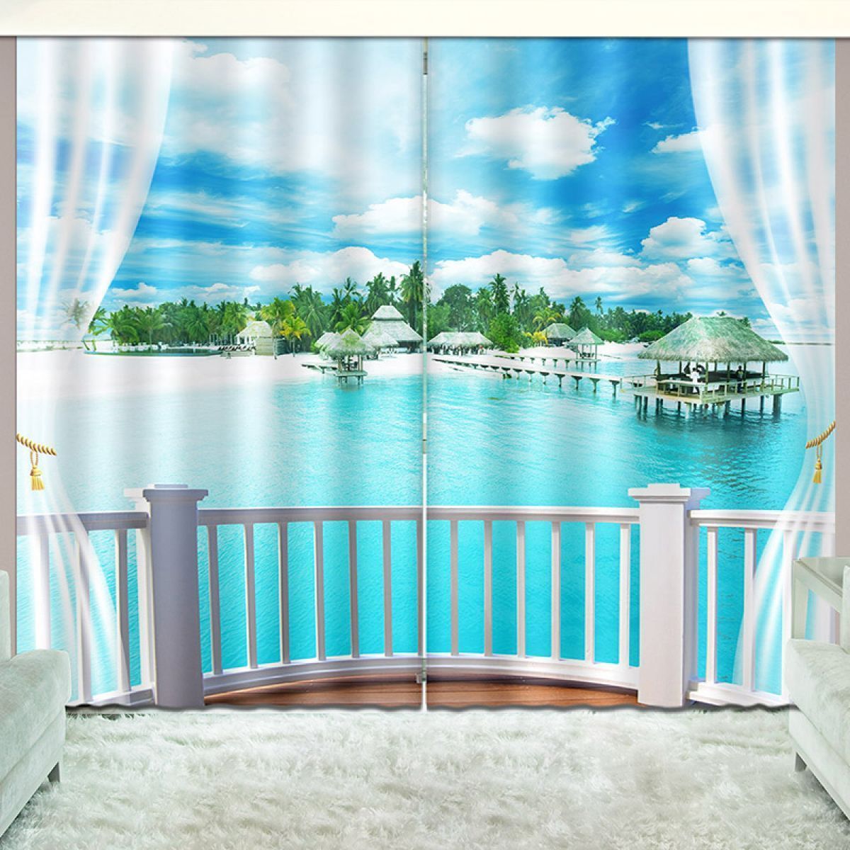 3d island scene through balcony printed window curtain home decor 2283