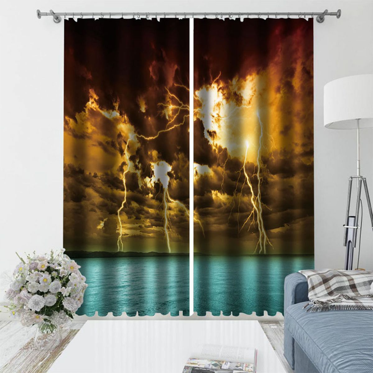 3d lightning over the sea printed window curtain home decor 8335