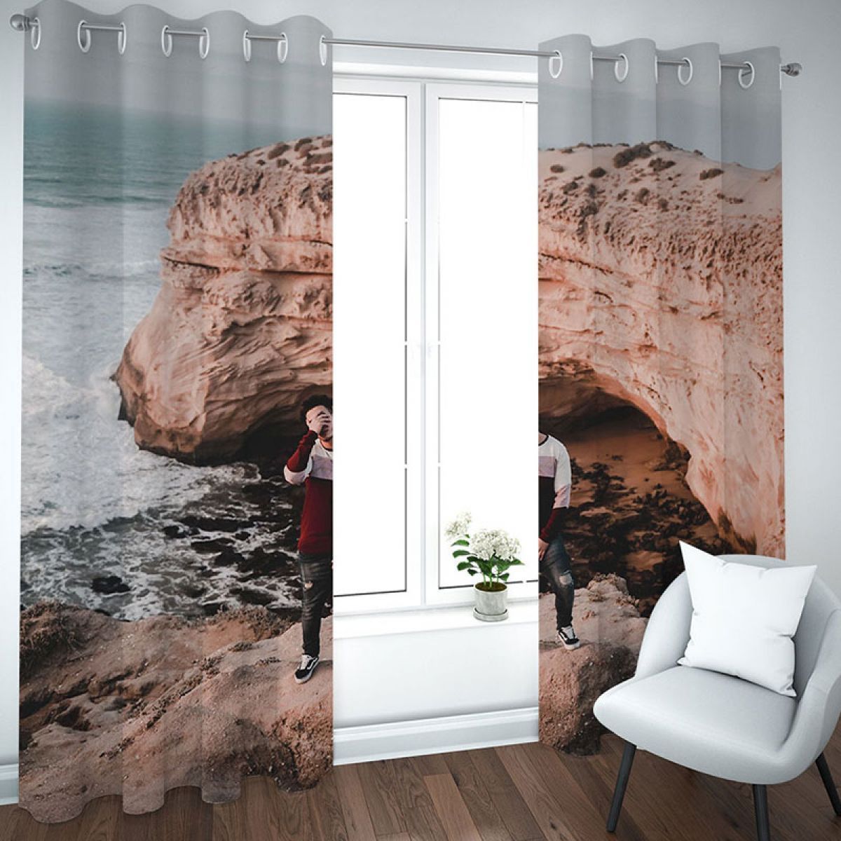 3d man on the seaside stone printed window curtain home decor 8293