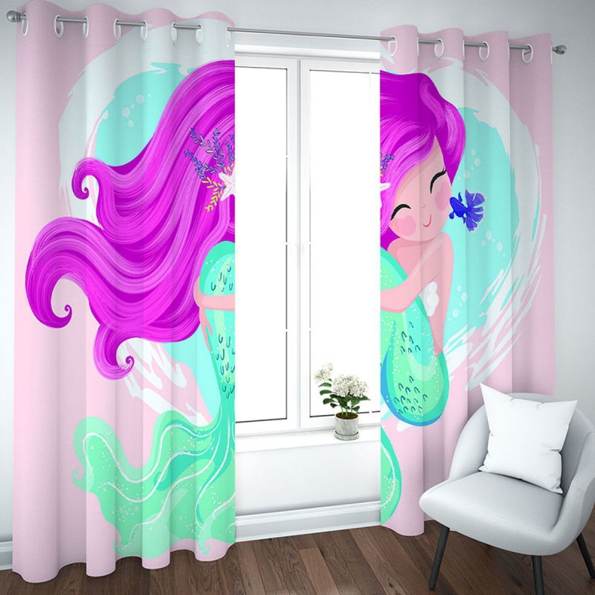 3d mermaid with goldfish printed window curtain home decor 1361