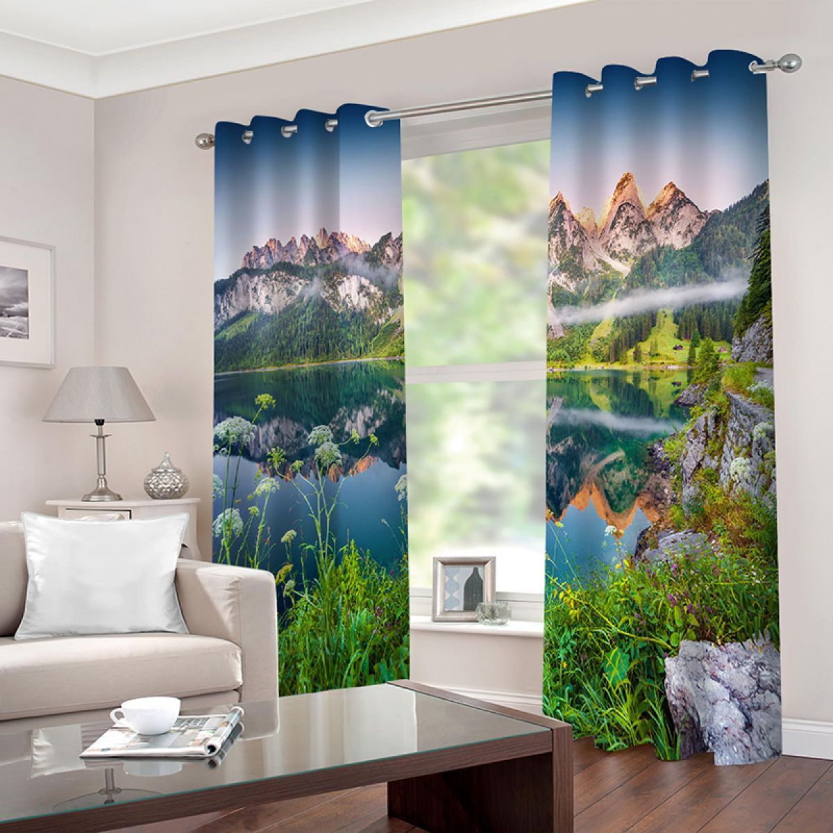 3d mountains and lake printed window curtain home decor 2610