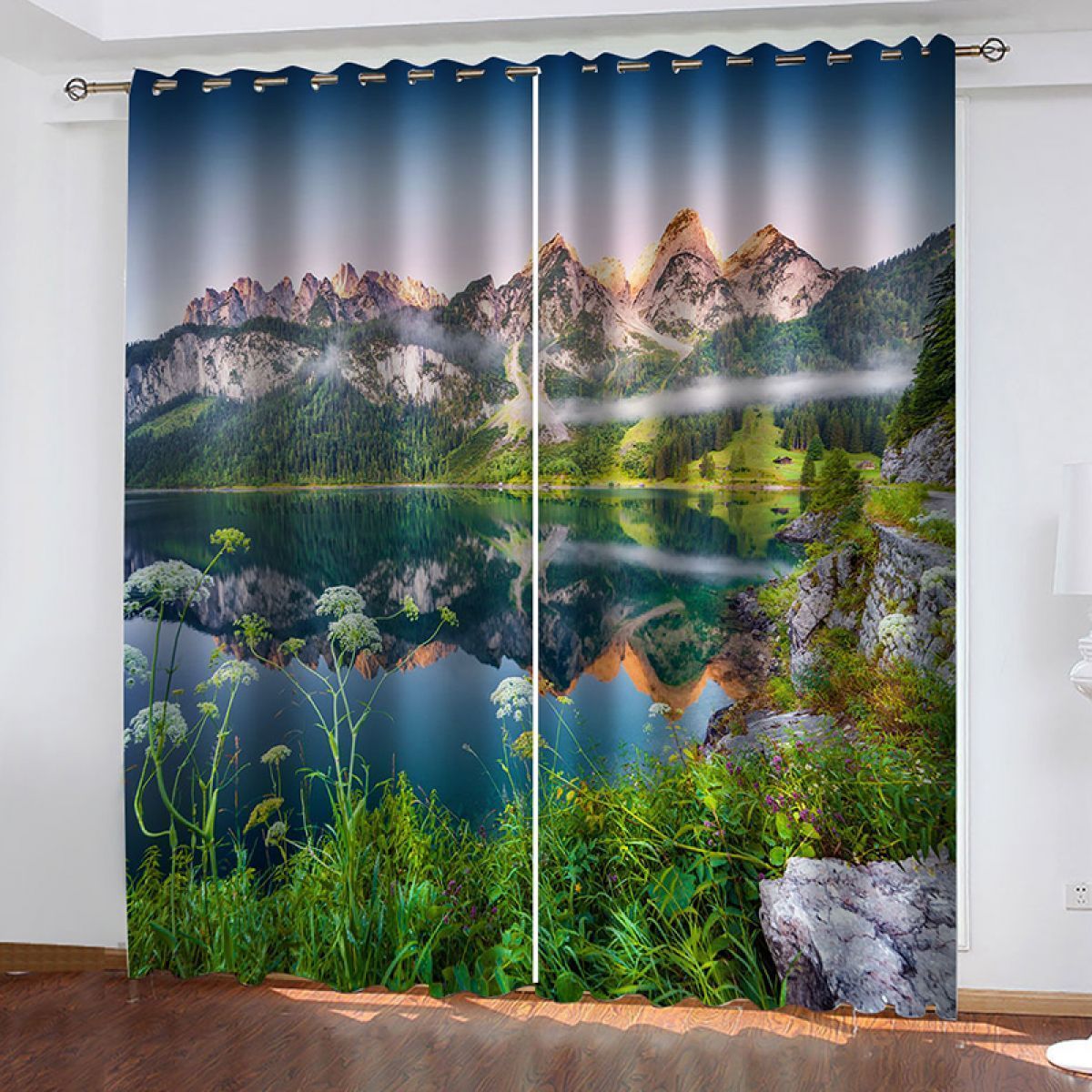 3d mountains and lake printed window curtain home decor 8391