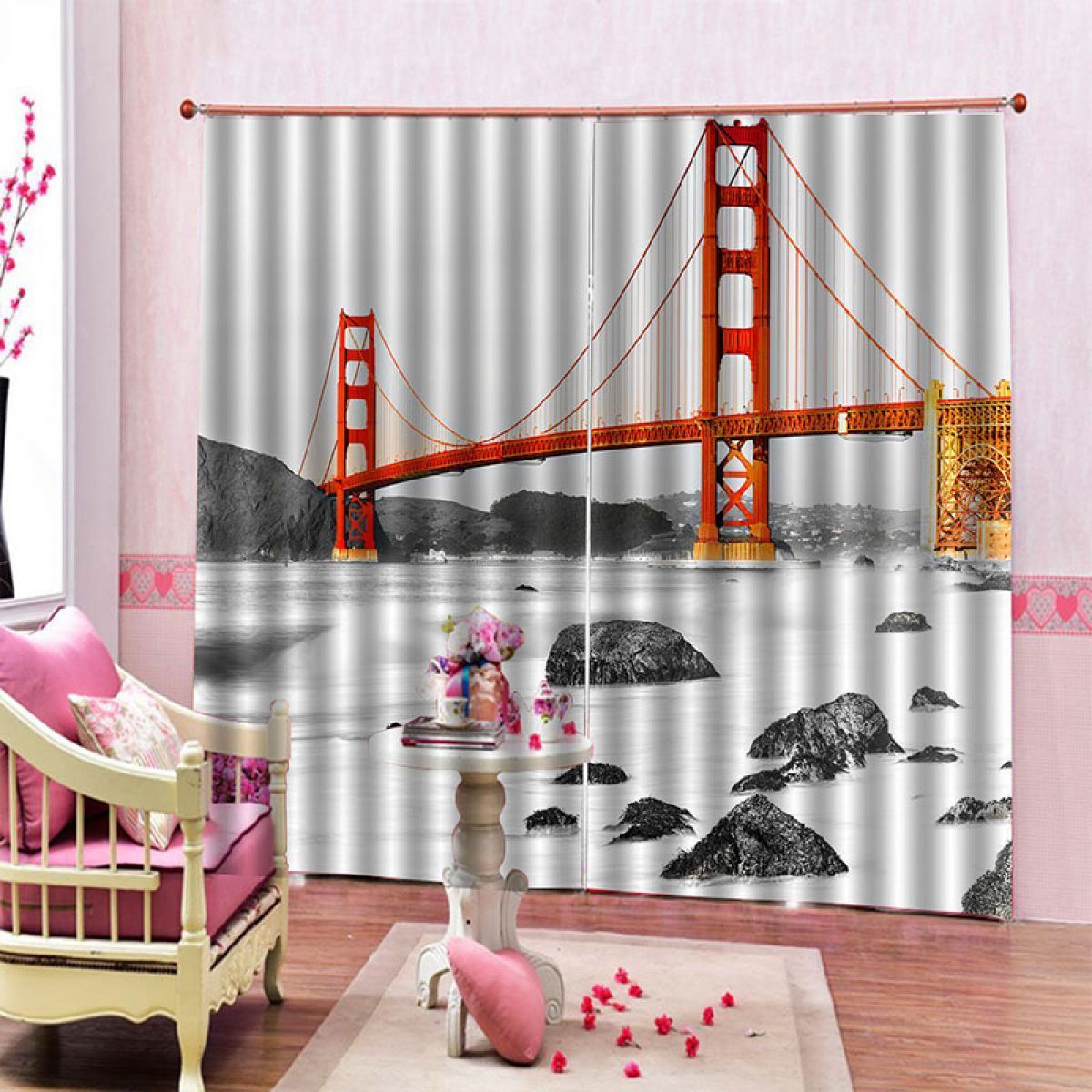 3d orange and red golden gate bridge printed window curtain home decor 3713