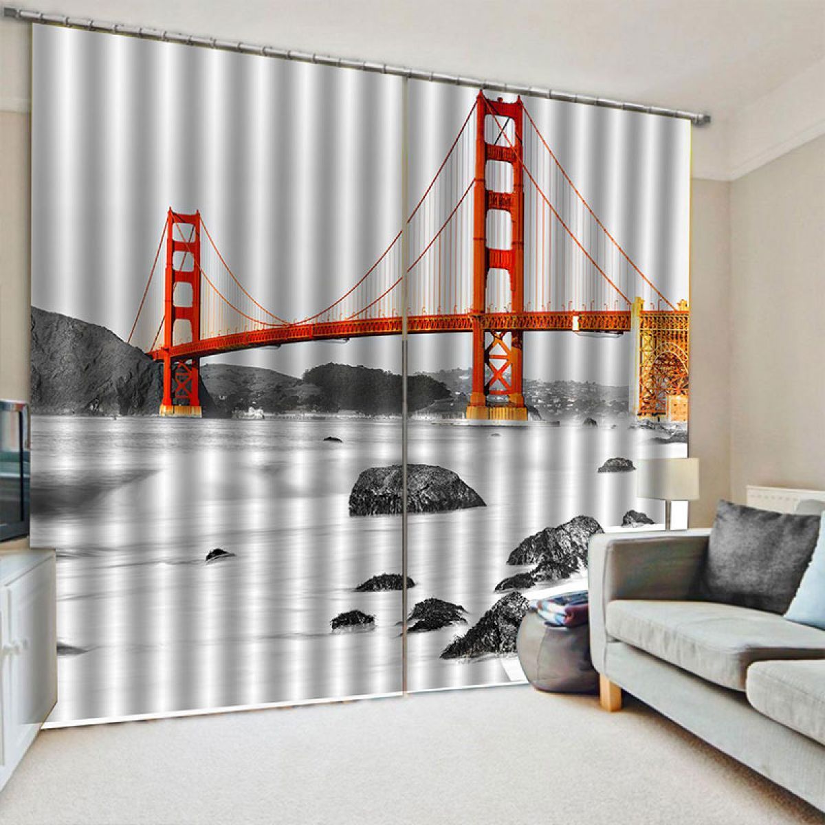 3d orange and red golden gate bridge printed window curtain home decor 8680