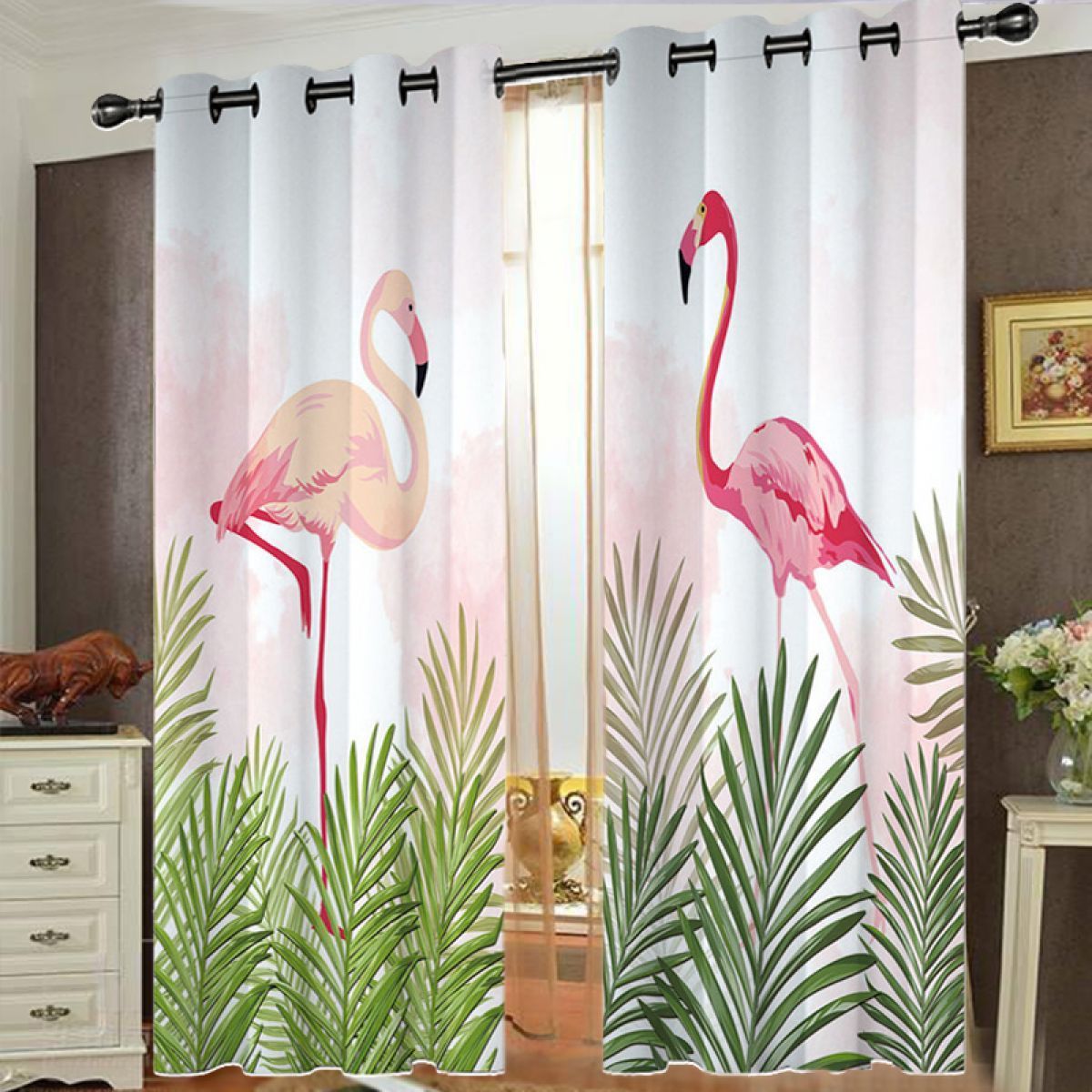 3d printing flamingos on tropical leaf printed window curtain home decor 4911