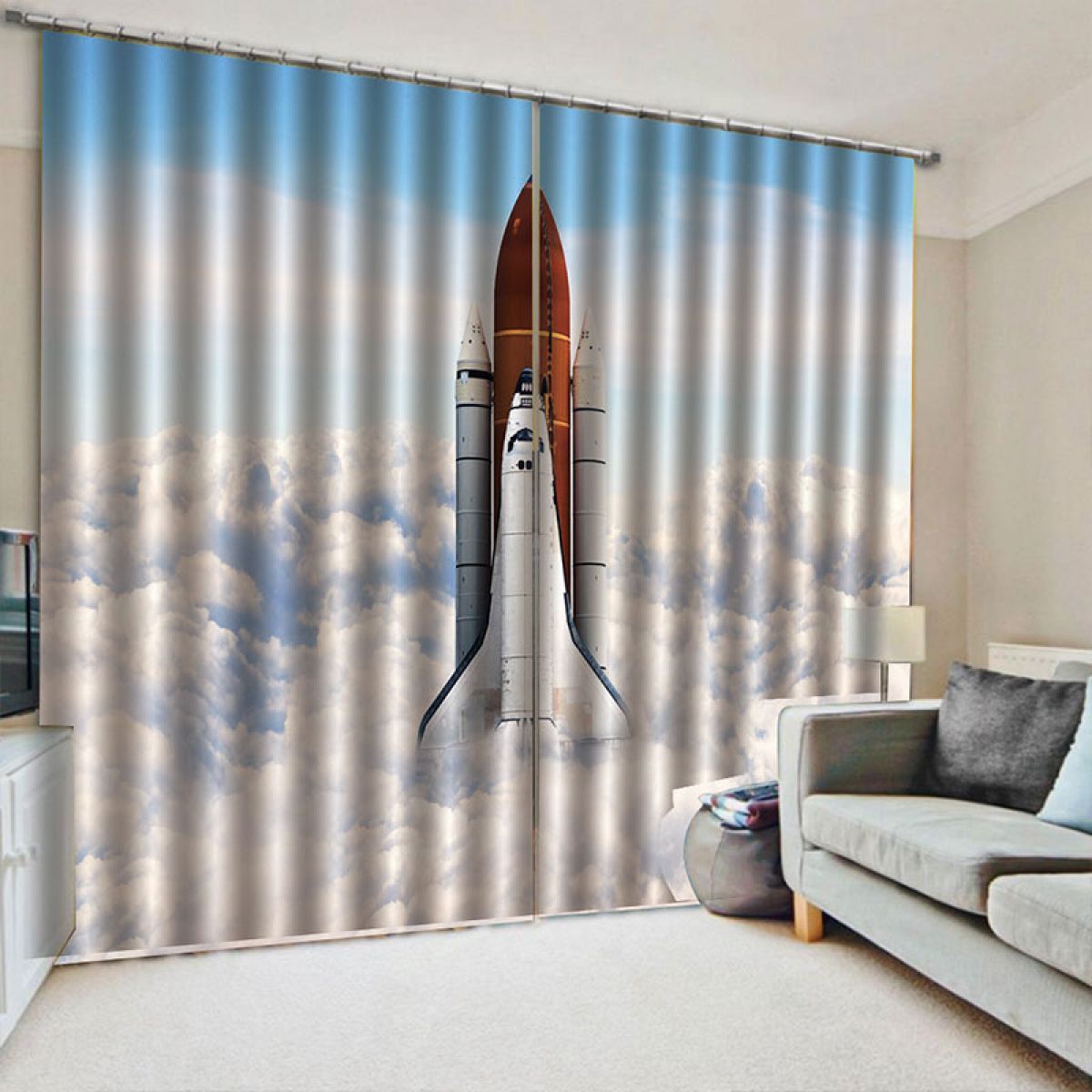 3d rocket flying blue sky printed window curtain home decor 4929
