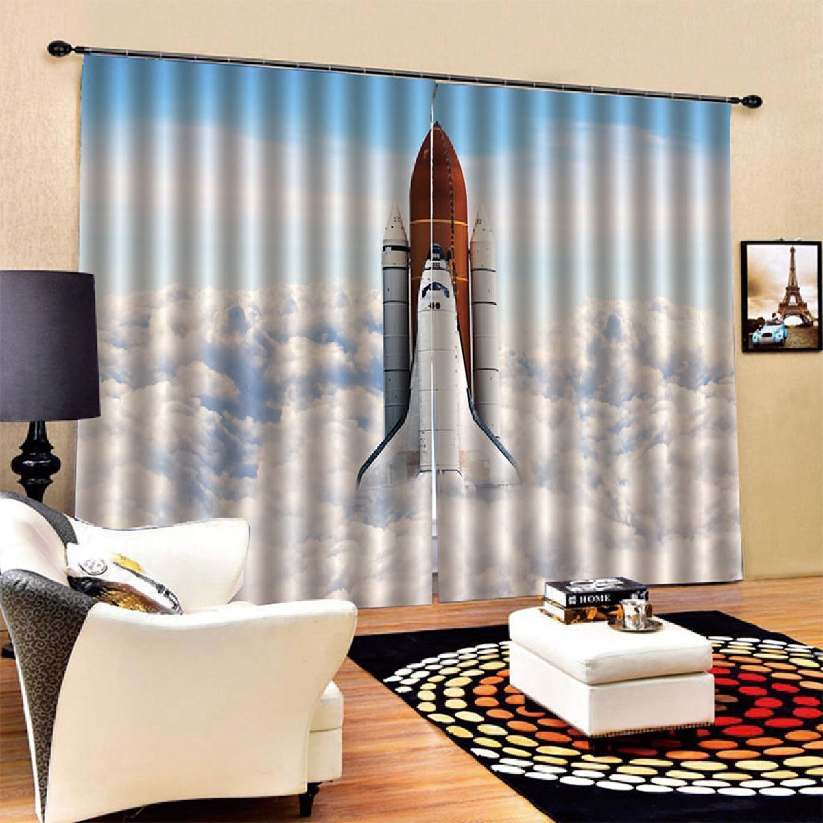 3d rocket flying blue sky printed window curtain home decor 5501