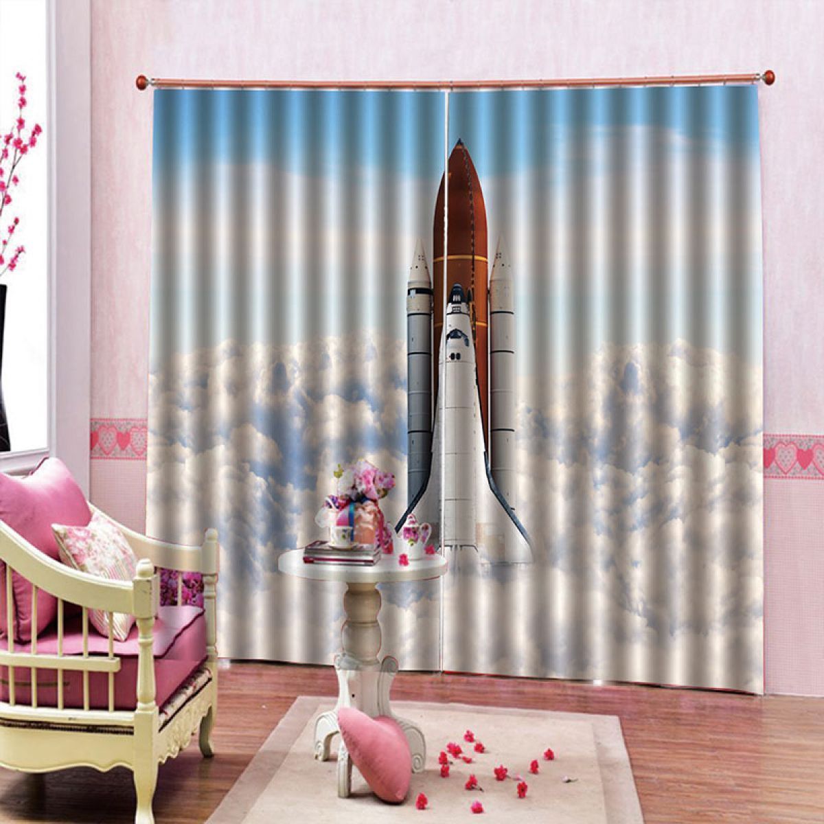 3d rocket flying blue sky printed window curtain home decor 6048