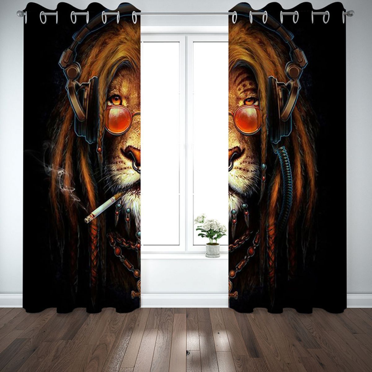 3d smoking lion with sunglasses printed window curtain home decor 6933