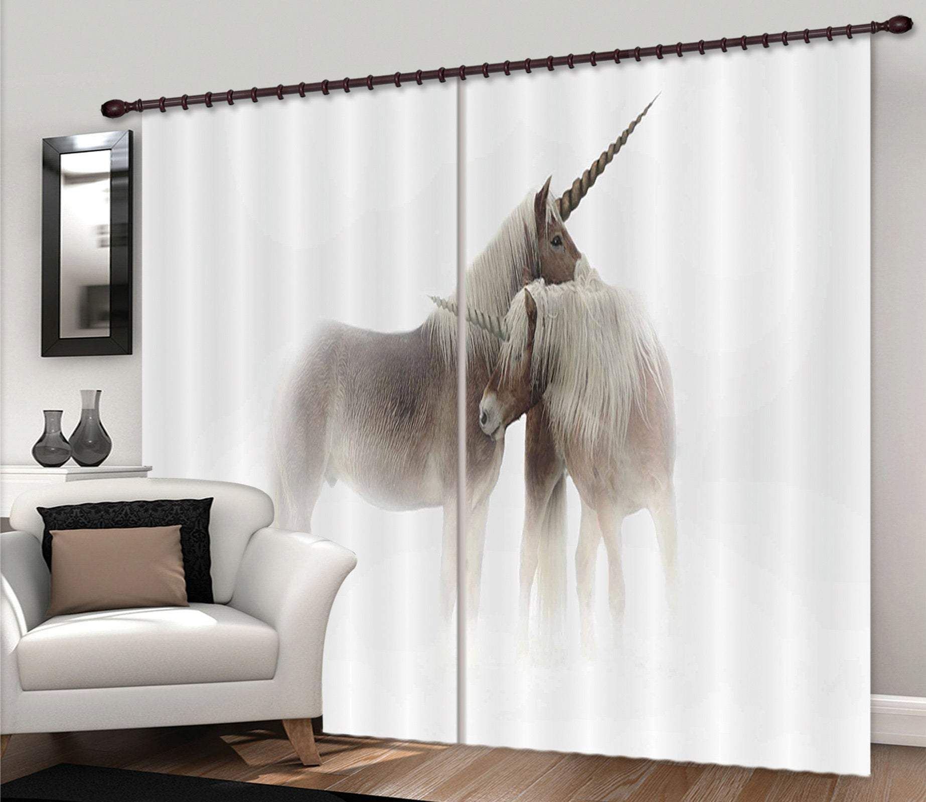 3d standing unicorn couple white background printed window curtain 1762