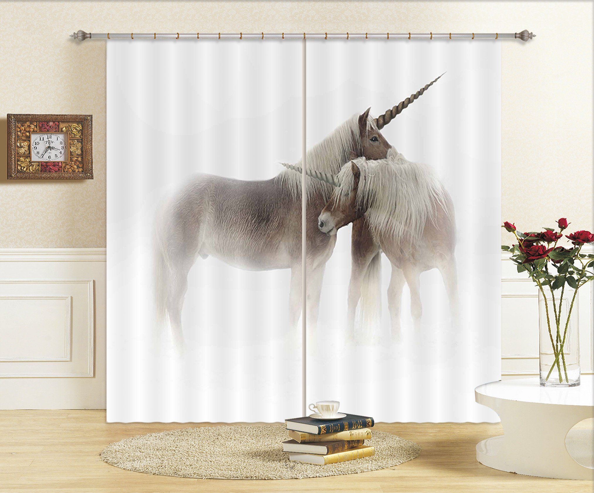3d standing unicorn couple white background printed window curtain 2591