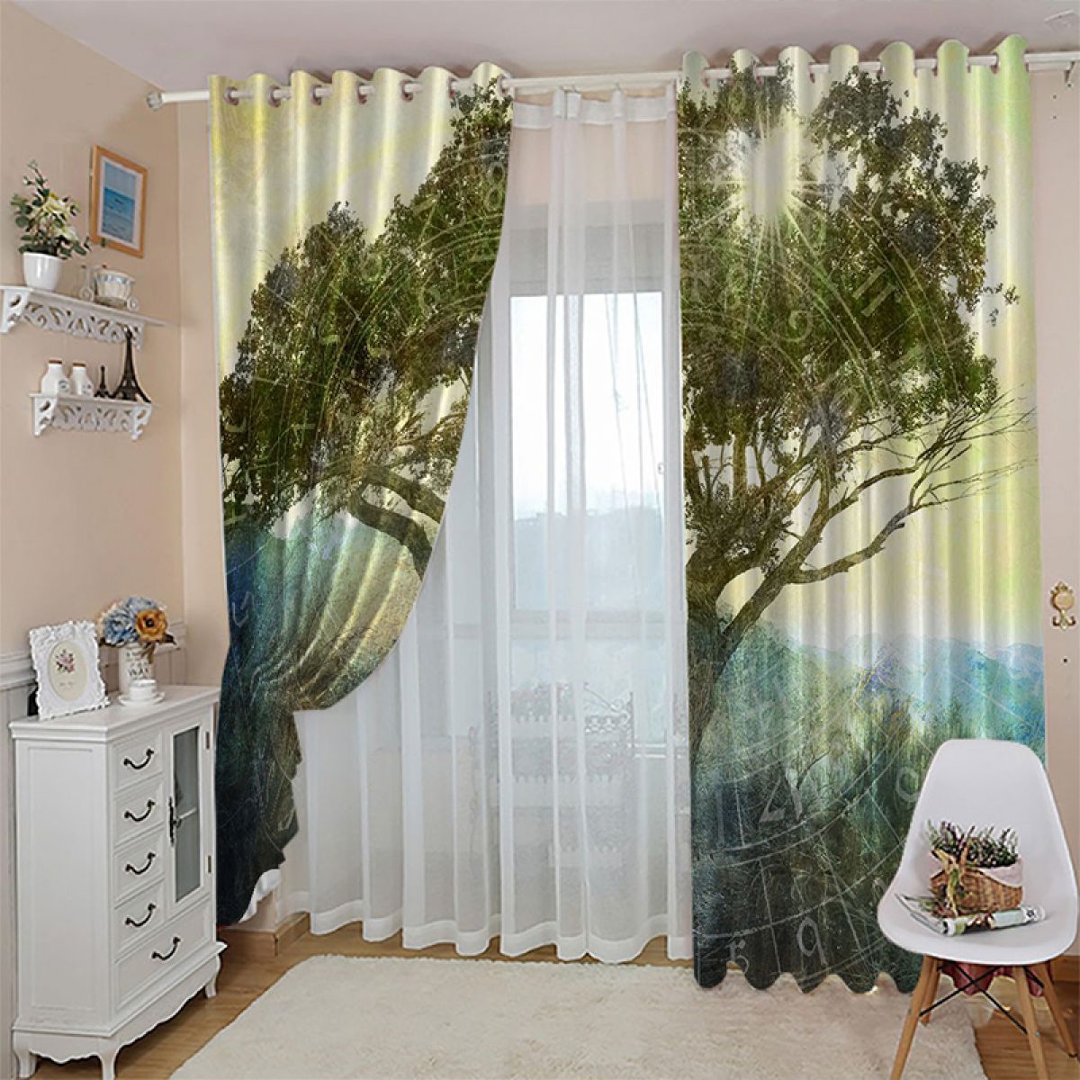 3d sun and tree printed window curtain home decor 3688
