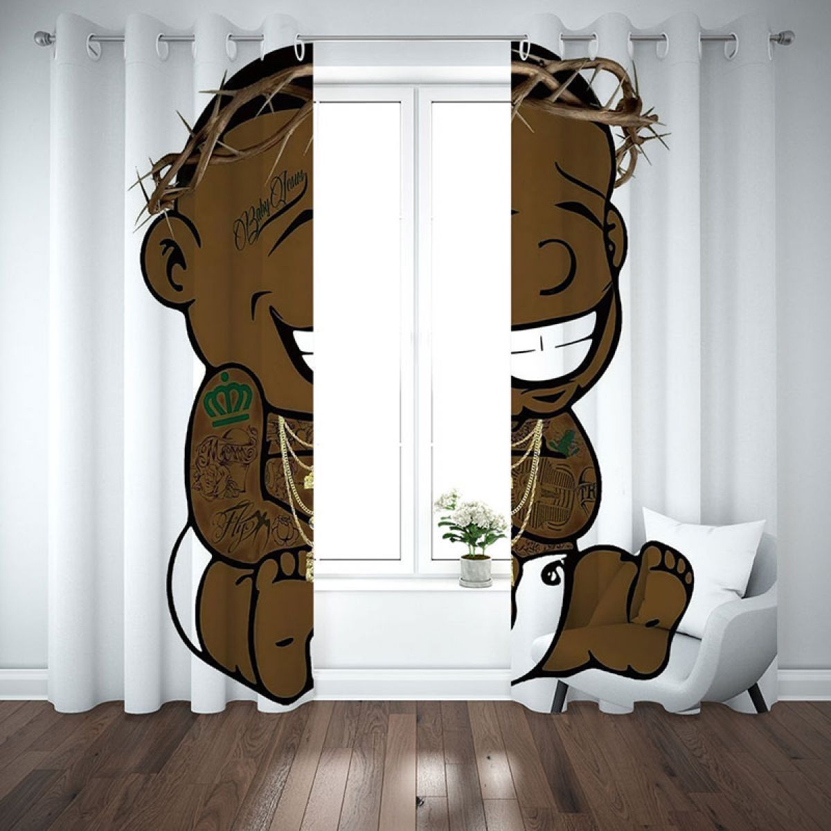 3d tattoo baby with necklaces printed window curtain home decor 7870