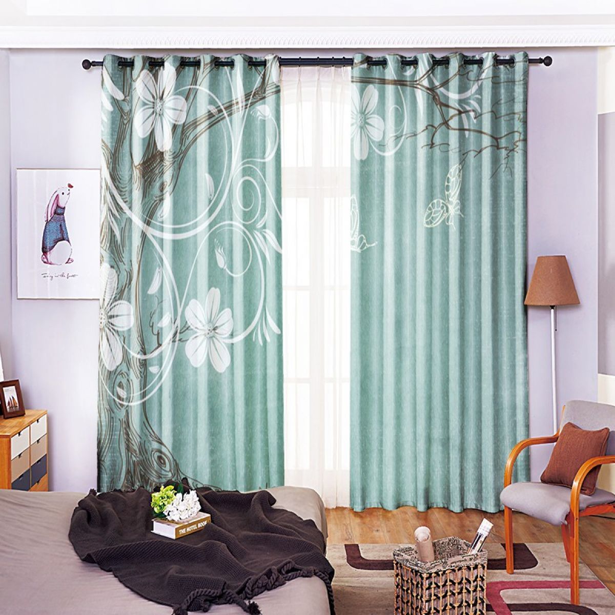 3d tree and flower teal printed window curtain home decor 3145