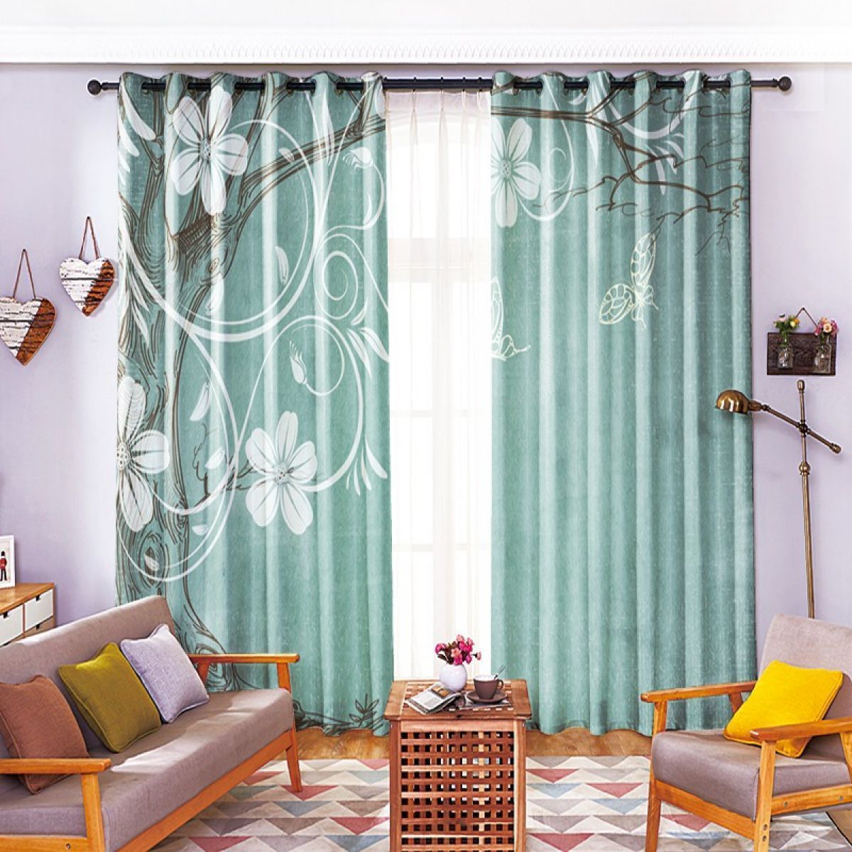 3d tree and flower teal printed window curtain home decor 4324