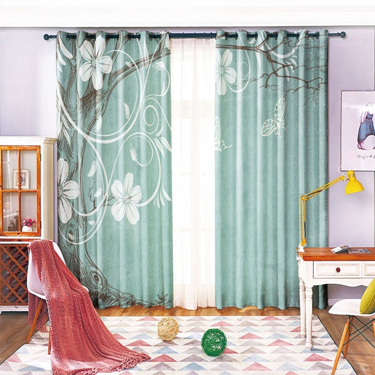 3d tree and flower teal printed window curtain home decor 8498