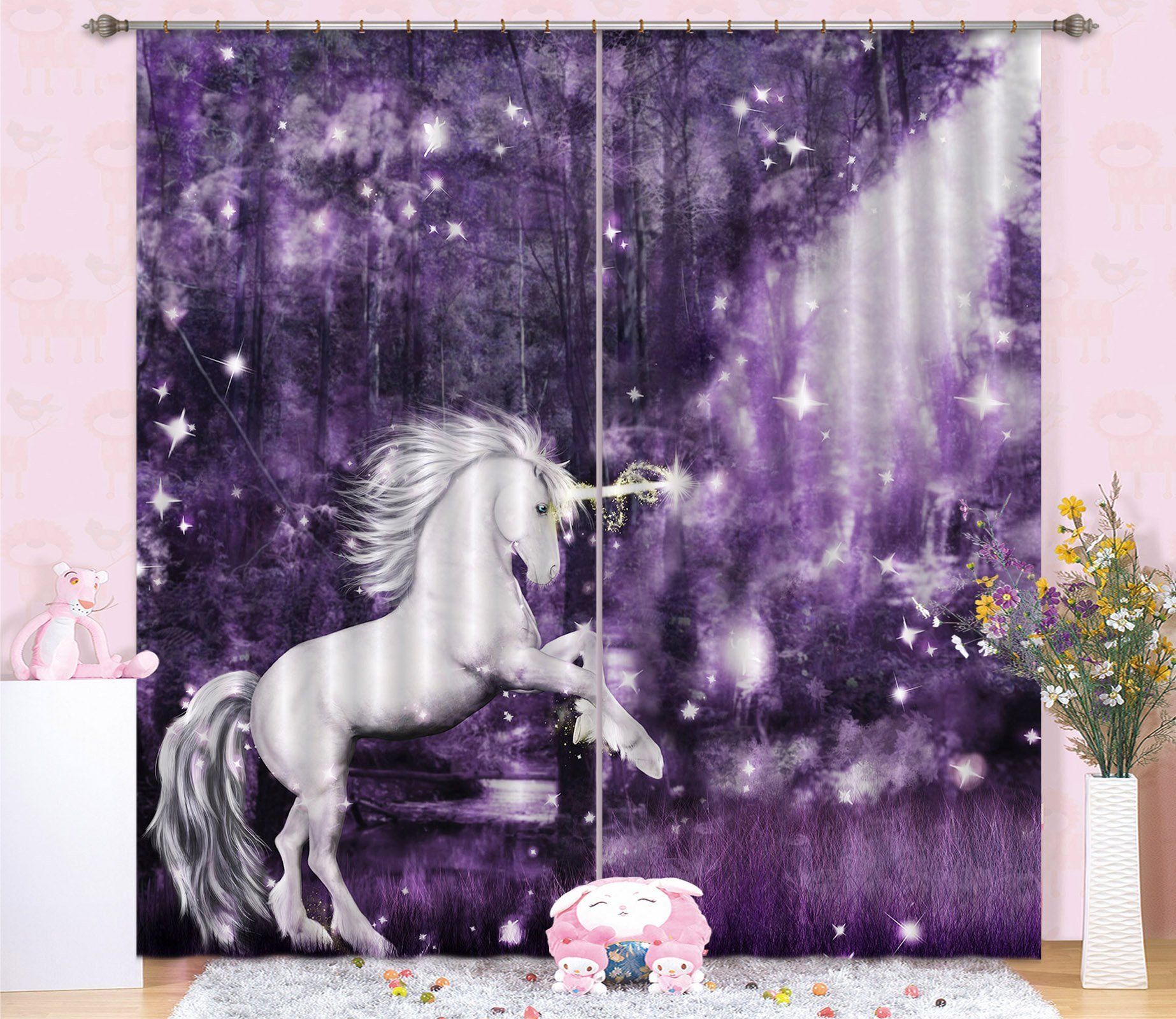 3d unicorn with purple trees printed window curtain 6287